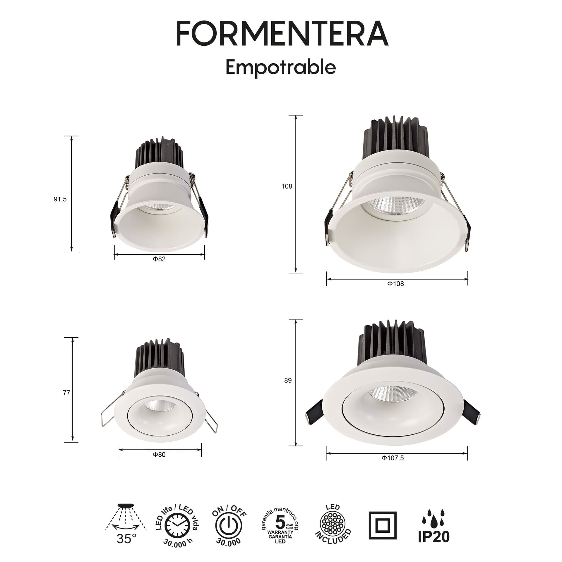 ***FORMENTERA * LUMINAIRE LED COB ENCASTRÉ (naklápěcí) 12W - 3000K