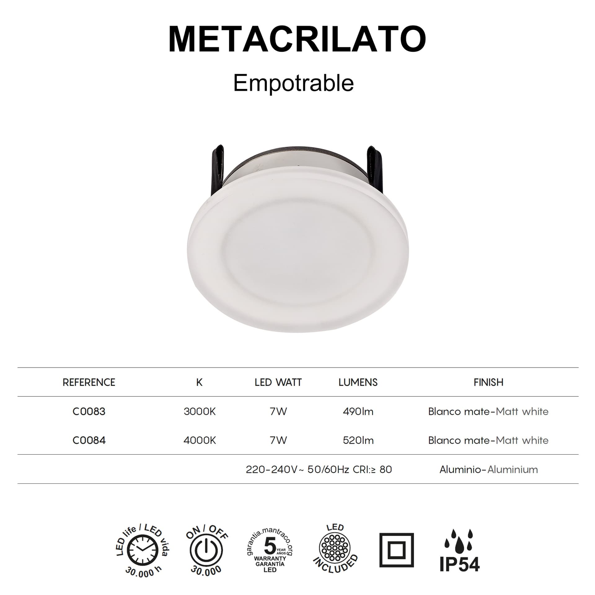 * LED ZAPUŠTĚNÉ 7W - SMD - 4000K