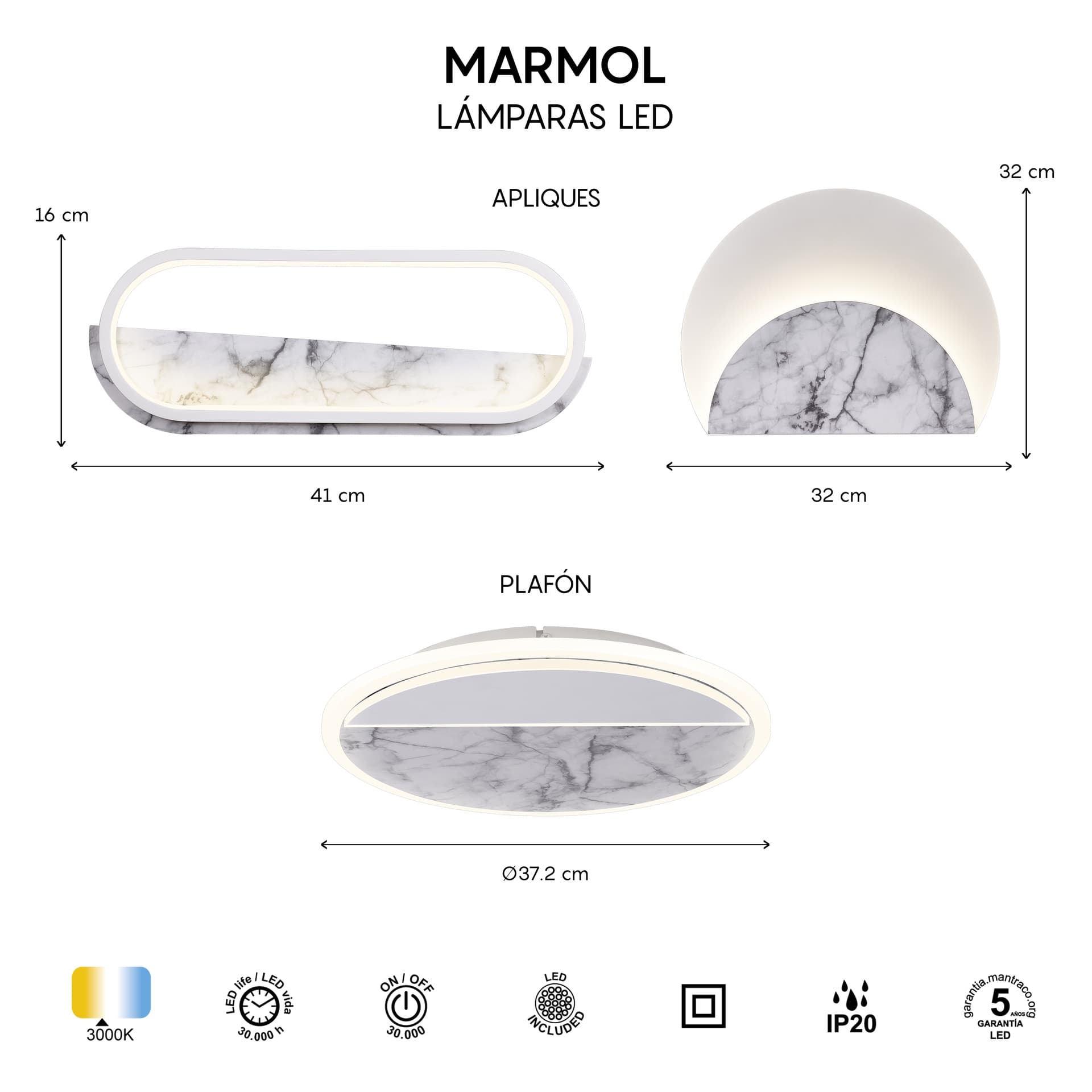 ***NABÍDKA/DES*** MARBRE * APPLIQUE LED 30W - 3000K - MARBRE BLANC